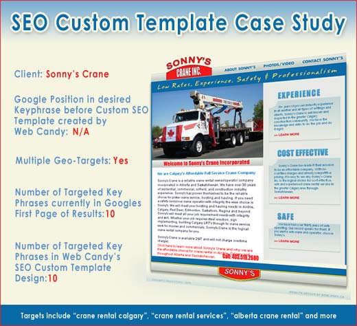 SEO Custom Template Case Study: Web Candy's Calgary client Sonny's Crane came to us for a custom SEO web design template. Their company was not showing up on Google so they came to Web Candy for a Custom Search Engine Optimization web design. The project helped them achieve first page search engine rankings for ten key phrases that we had targeted for them. In follow ups we have learned the site is generating crucial business for Sonny's Crane. To the right of the image is a screenshot of http://www.sonnyscrane.com