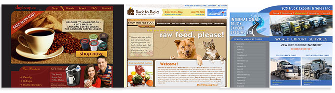 Calgary online store & Ecommerce Specialists | Online Stores Made by WebCandy.ca | Shown here are screenshots of some of our stores including Single Cup, Back to Basics Raw Pet Food and SCS Trucks